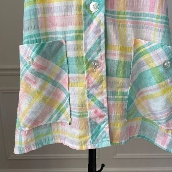 Vintage 70s Dagger Collar Collar Tunic Pastel Plaid M L - Picture 6 of 6
